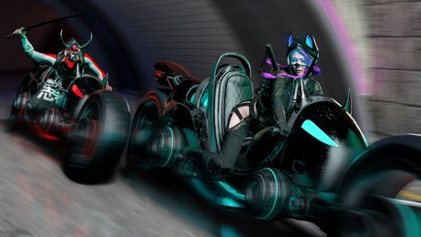 motorcycle chasing cyberpunk girl samurai future 3d graphic illustration