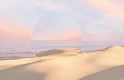 natural summer beach scene with a podium for product display. 3d rendering.