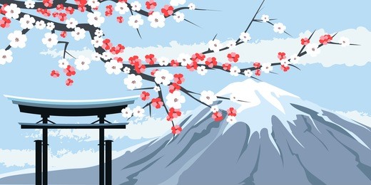 graphic illustration of mount fuji with cherry blossoms and traditional gate in foreground