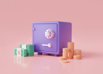 closed safe box icon with coins stack and banknote. cash, growth money, financial security. money saving concept. 3d rendering illustration. cartoon style minimal on purple pastel background