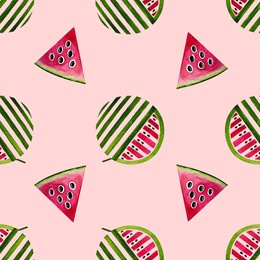 stylized watermelons. seamless pattern. watercolor illustration. delicious watermelon, on a pink background.