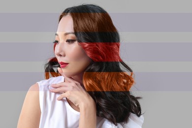 portrait of pretty young asian woman with different hair colors on grey background