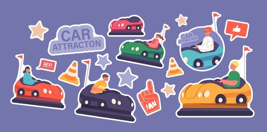 set of stickers bumper car attraction in amusement park. children at fun fair entertainment riding colorful dodgem carts. kids characters recreation activity. cartoon people vector illustration
