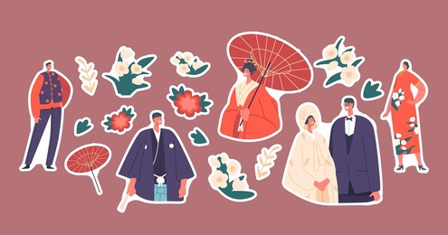 set of stickers japanese brides and grooms. asian marriage traditions and culture, traditional wedding. couples wear bridal dress, newlywed characters in kimono. cartoon people vector illustration