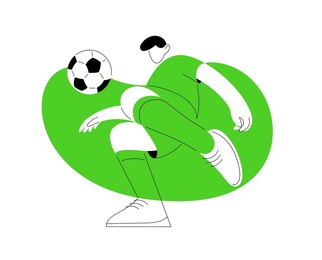 footballer in green uniform kicks ball. football. vector illustration of sport game in flat style with outline. hitting ball. isolated template soccer player. line art.