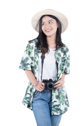 asian woman with hat and camera standing isolated over white background
