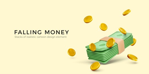 falling money. 3d realistic cartoon gold coins and dollar banknote bundle. big win or jackpot banner. vector illustration