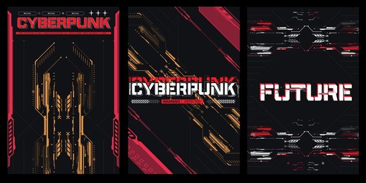 cyberpunk retro futuristic poster set abstract cosmic shapes. digital technology design elements hud style. game design, futuristic text. futuristic background design for games. vector illustration