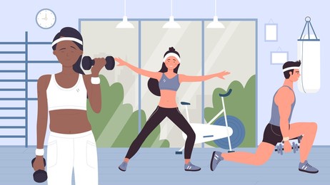 people doing sports workout with dumbbells in gym illustration. cartoon active young sportive woman man characters in sportswear training with sport equipments, healthy lifestyle background