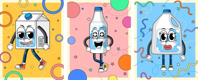different funny milk packages characters illustration