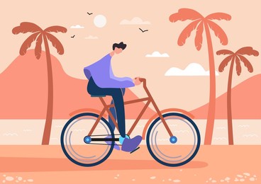 man cycling on the summer sea beach near mountains and palms healthy lifestyle sport transportation concept. summer vacation holiday. seaside flat illustration. happy riding bike, bicycle outdoors.