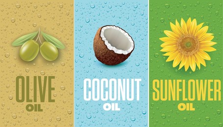  coconut, olive and sunflower food oil labels with many oil drops