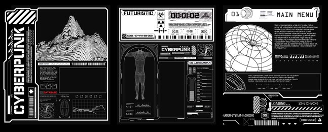 cyberpunk retro futuristic posters abstract cosmic shapes. collection of modern abstract posters in acid style. digital design elements hud style. trendy 2022 shapes in cyberpunk style. vector