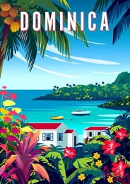 tropical island landscape with traditional houses, palm trees,   and the sea in the background. handmade drawing vector illustration. dominica travel poster design.