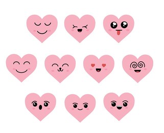 kawaii hearts, set of cute emoji icons, stickers. hand drawn emotional cartoon characters. cute love characters with different faces, funny positive emotions. blue background.