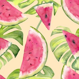watercolor seamless pattern with sweet juicy watermelon.