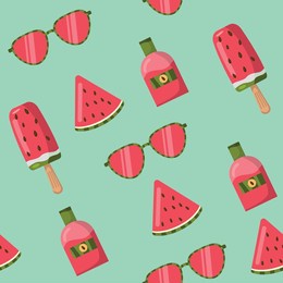 summer juicy pattern on a watermelon theme (a piece of watermelon, glasses, ice cream, sunscreen)