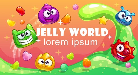 cute horizontal banner with funny cartoon  jelly characters, candies and slime drops. vector childish template for web or typography design.