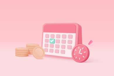 3d alarm clock with investing money to grow in time concept. business investments earnings and financial savings, fast money, notification for quick loan. 3d calendar vector rendering illustration