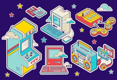 nostalgia old technology stickers. fun retro cartoon groovy items. isolated patches, badges with isometric icons. 90s retrowave style.