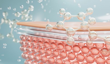 realistic molecules background. science illustration of a cream molecule. hyaluronic acid skin solutions advertising, collagen serum drop with cosmetic advertising background. 3d rendering.