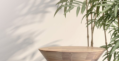 3d render background for natural beauty health products overlay display template. blank empty oak wood table with green bamboo plants, beige wall. podium, stand, presentation, backdrop, chinese, zen