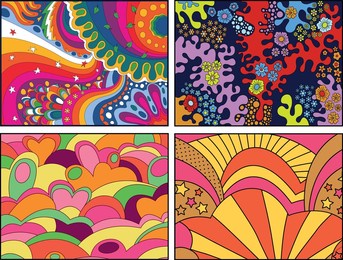 1960s psychedelic floral bright retro colors backgrounds set