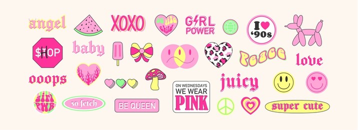 cute trendy girly retro 2000s stickers with cartoon comic label patches. girlish funny groovy vaporwave acid stickers in geometric shapes. vector illustration of y2k , 90s graphic design badges