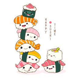 stack of cute sushi and rolls in kawaii style with smiling faces. japanese traditional cuisine dishes. can be used for t-shirt print, sticker, greeting card, menu design. vector illustration eps8  