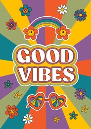 retro poster with rainbow, flowers, glasses