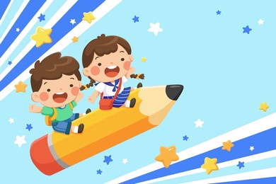 schoolgirl and schoolboy riding a pencil rocket on light blue background. banner for back to school sale in cartoon illustration