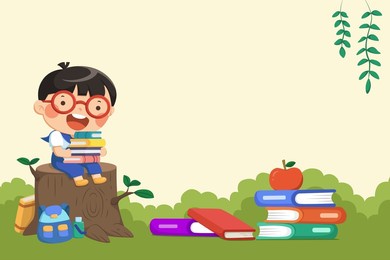 cartoon illustration of schoolboy sitting on a tree log holding pile of books. design for back to school
