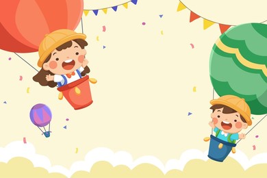 cartoon illustration of schoolboy and schoolgirl wearing uniform on rising air balloons on the light yellow sky with confetti and multicolored flags. design for back to school