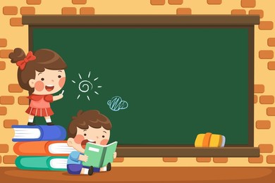 cartoon illustration of children having fun in the classroom. a schoolboy reading books and a schoolgirl drawing on the blackboard on brick wall background