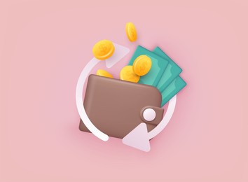 cashback money refund icon concept.  wallet with coins and money. 3d web vector illustrations.