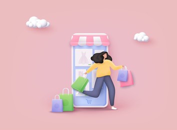 woman enjoying shopping. carrying shopping bags. mobile smart phone with shopp app. online shopping concept. 3d web vector illustrations.