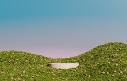3d display podium background. natural green grass and flowers. nature blue sky minimal pedestal, beauty, cosmetic product presentation. spring, summer landscape banner template 3d render.