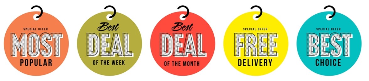 color sale tag set. most popular and free delivery product tag. best deal of week promotion sticker. best deal of month price label. best choice special offer advertising badge vector illustration