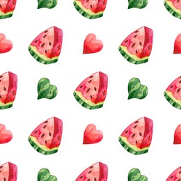 seamless pattern with slice of watercolor watermelon. repeat ornament of exotic fruit, red and green hearts. illustration on white isolated background for summer or children print. hand drawn decor