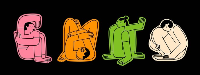 people sitting or lying in different poses. sleeping in uncomfortable positions concept. cute abstract characters. hand drawn colorful modern vector illustration. cartoon trendy style. bright stickers