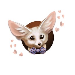 cartoon character funny little fox, white fennec fox with a bow and hearts. valentine's day, happy birthday greeting card. picture, emblem, illustration for printing on textiles, t-shirts and souvenir