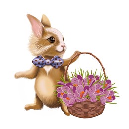 bunny, a cartoon character, with a basket of flowers. easter, valentine's day, happy birthday greeting card. illustration on a white background.