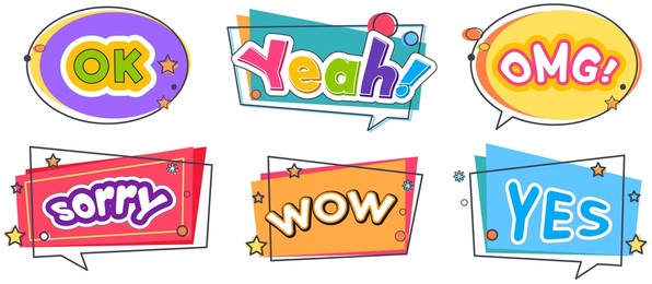 fashion patches with words dialogue inscriptions vector colored comic icons. conversation phrases as modern stickers. cartoon style patch badges with text, colorful sticker pack background pattern