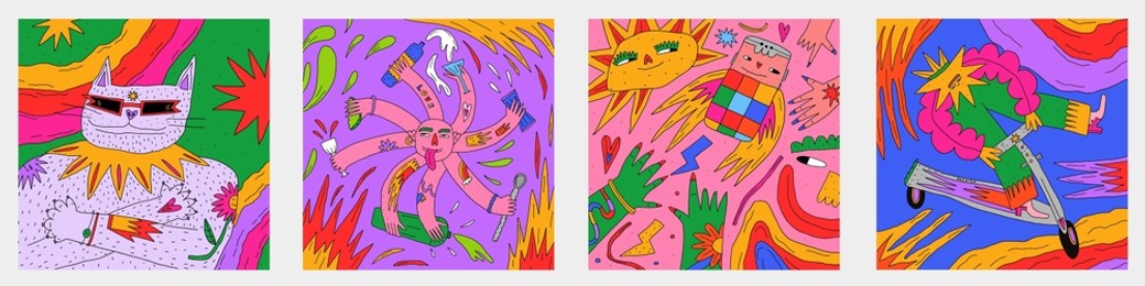 psychedelic 1970 - set of groovy posters.cool posters with rainbows, stars, quirky characters, dudes.punk rock square postcard in hippie style.funky 70s good vibes,trippy art.modern naive concept