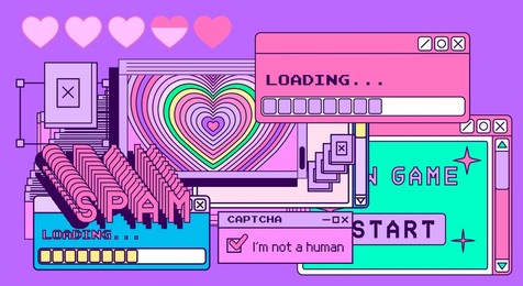 glitched screen with window boxes and spam messages. concept of computer virus.