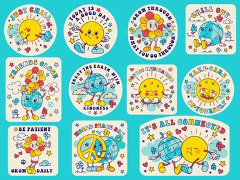 groovy 70's stickers, badges, isolated elements. groovy characters: sun, earth, daisy flower and slogans. save green planet pacifist-hippy concept