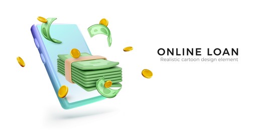 3d mobile phone with falling green dollar stack and gold coins. mobile app banner for online banking or loan service. vector illustration