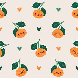 vector seamless pattern with cute mandarine fruits. summer repeated texture with smiling tangerines. kids print with cartoon characters for childish clothing, fabrics and wallpaper. doodle background