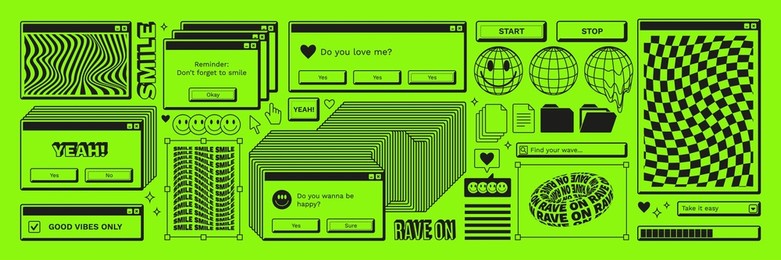 old computer aestethic. retro pc elements, user interface, operating system, windows, icons, smile in trendy y2k rave retro style. sticker pack of retro pc illustrations. nostalgia for 1990s -2000s.