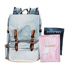 watercolor hand painted backpack and passports illustration isolated on white. camping bag design. travel concept clipart.